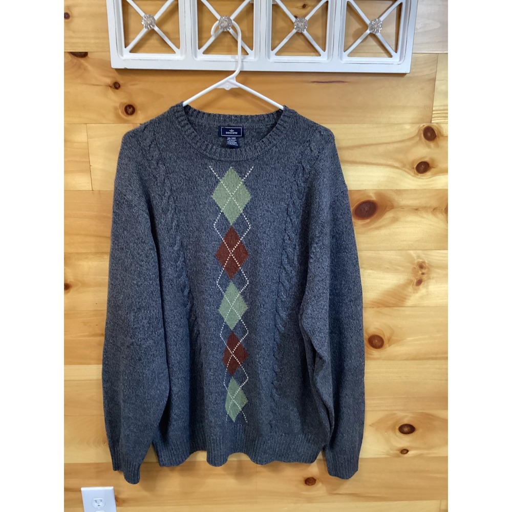 Dockers Mens XXL Argyle Cable Knit Cotton Crewneck Sweater Gray Preppy Classic